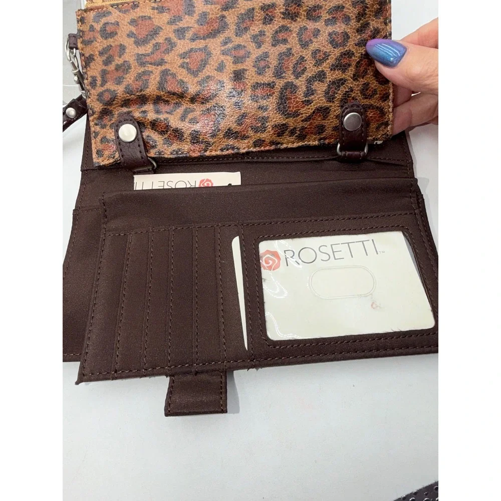 Rosetti Burgundy Pebbled Faux Leather Trifold Wristlet Wallet Leopard Pouch